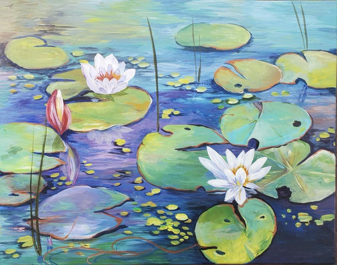 Acrylic painting of white water lilies and lily pads on a blue and violet pond